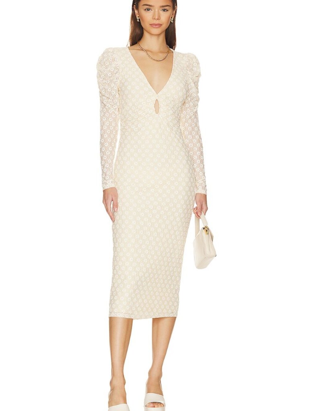 NWT Lovers + Friends Cream Lace Midi Dress | Long Sleeve V-Neck Wedding S